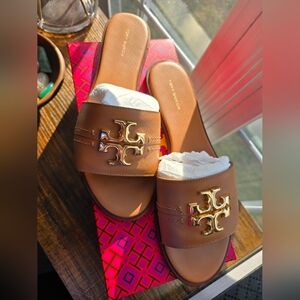 Tory Burch Everly Calf Leather Brown Slide Sandals with Gold Logo- Women's 9.5